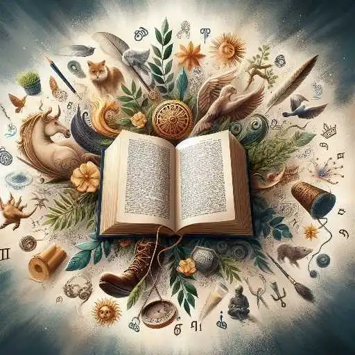 An open book surrounded by symbols of nature, art, and literature, representing the inspiration drawn from personal experiences in selecting a meaningful name.