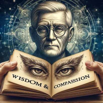 Image of an open book with eyeglasses, representing qualities of wisdom and compassion.