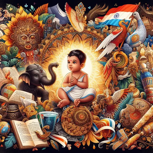 A collage depicting various Tamil cultural symbols, including traditional motifs, literature excerpts, and religious artifacts, representing the rich heritage and significance of Tamil baby boy names