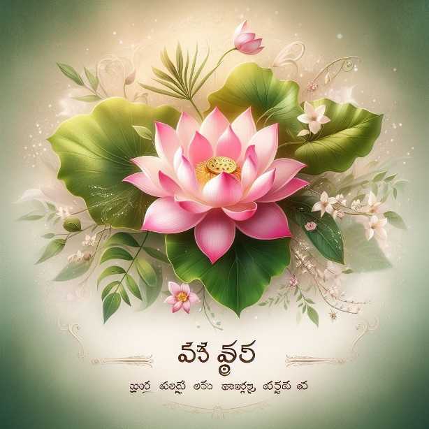 Pink lotus flower blooming amidst green leaves, symbolizing purity and new beginnings in Telugu culture.